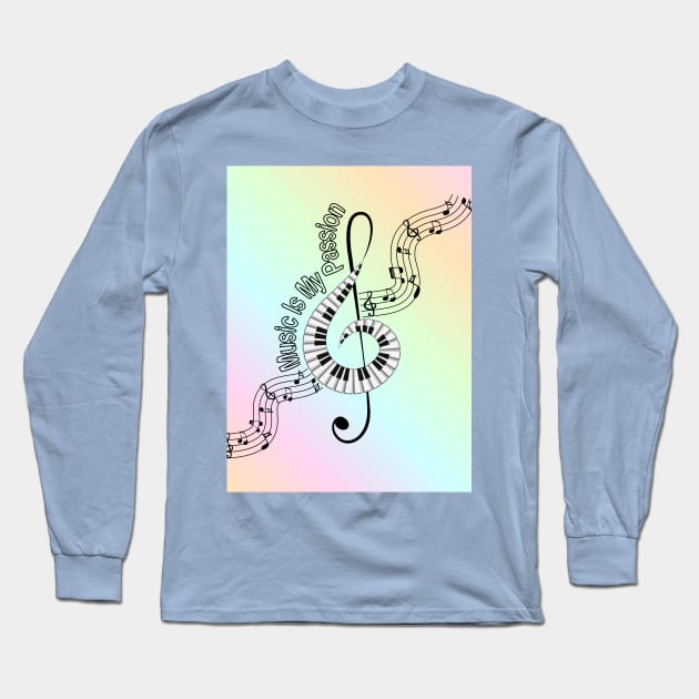 Treble Clef Piano - Musical Notes Long Sleeve T-Shirt by Designoholic